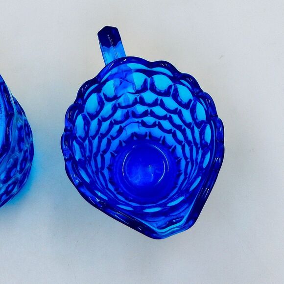 Fenton Glass Colonial Blue Thumbprint Sugar Bowl Creamer Pitcher Lid Set - Picture 6 of 13